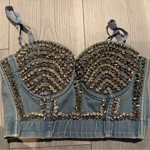 Fashion Nova Blue Denim Studded Crop Top